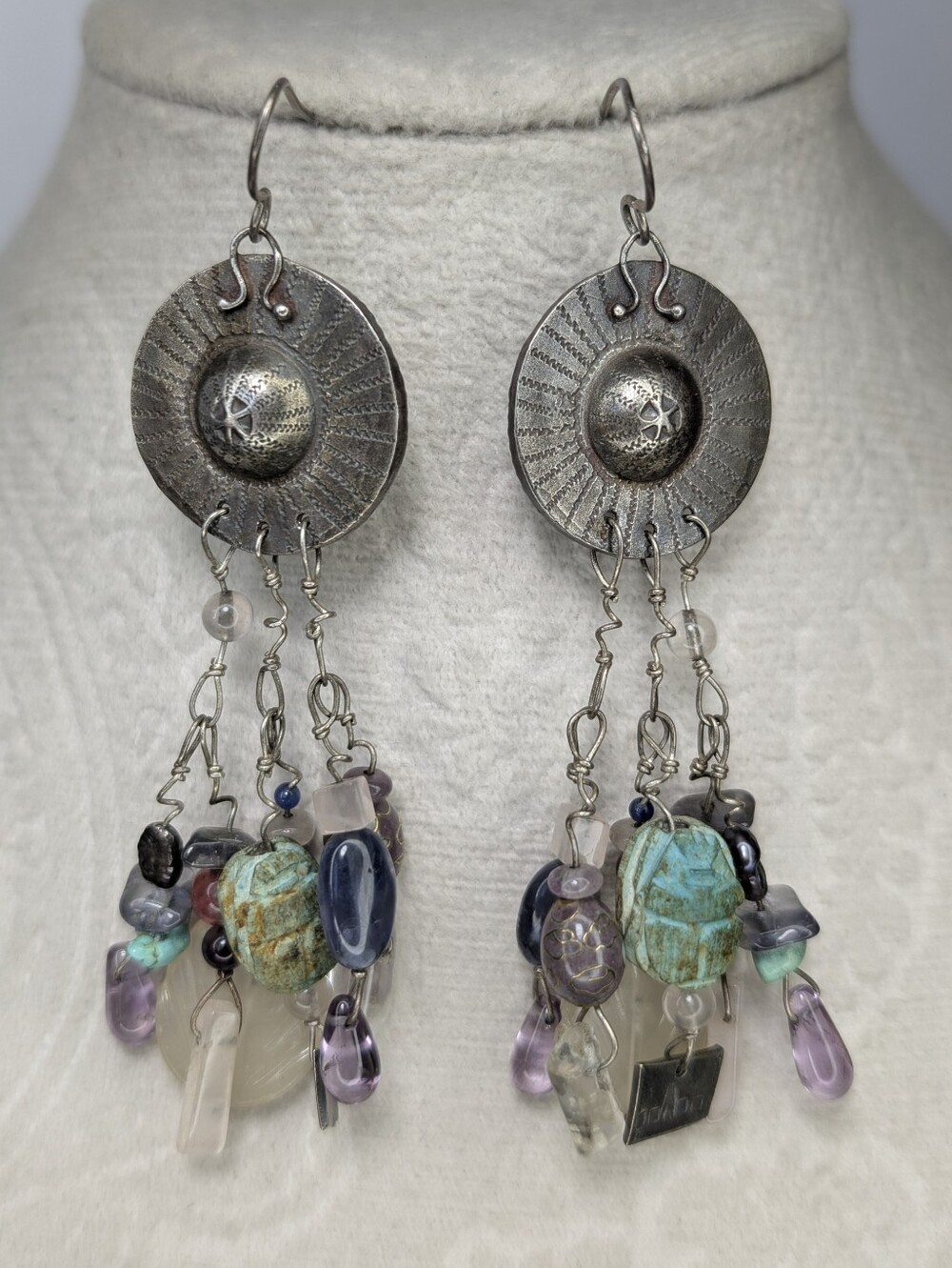 LKM Linda Kaye-Moses Signed Sterling Silver Gemstone Charm Waterfall Earrings